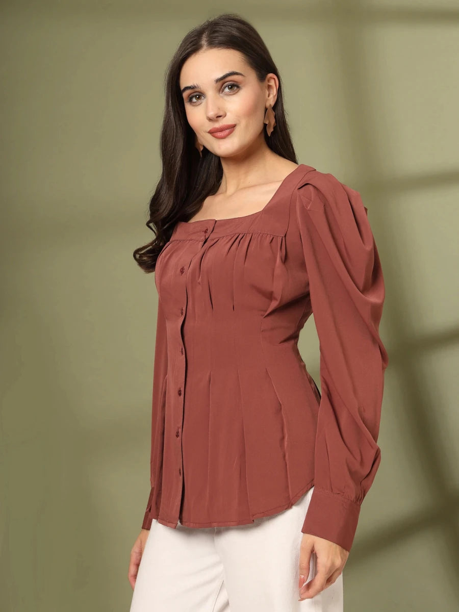 Women Collarless Solid Full Sleeves Buttoned Top