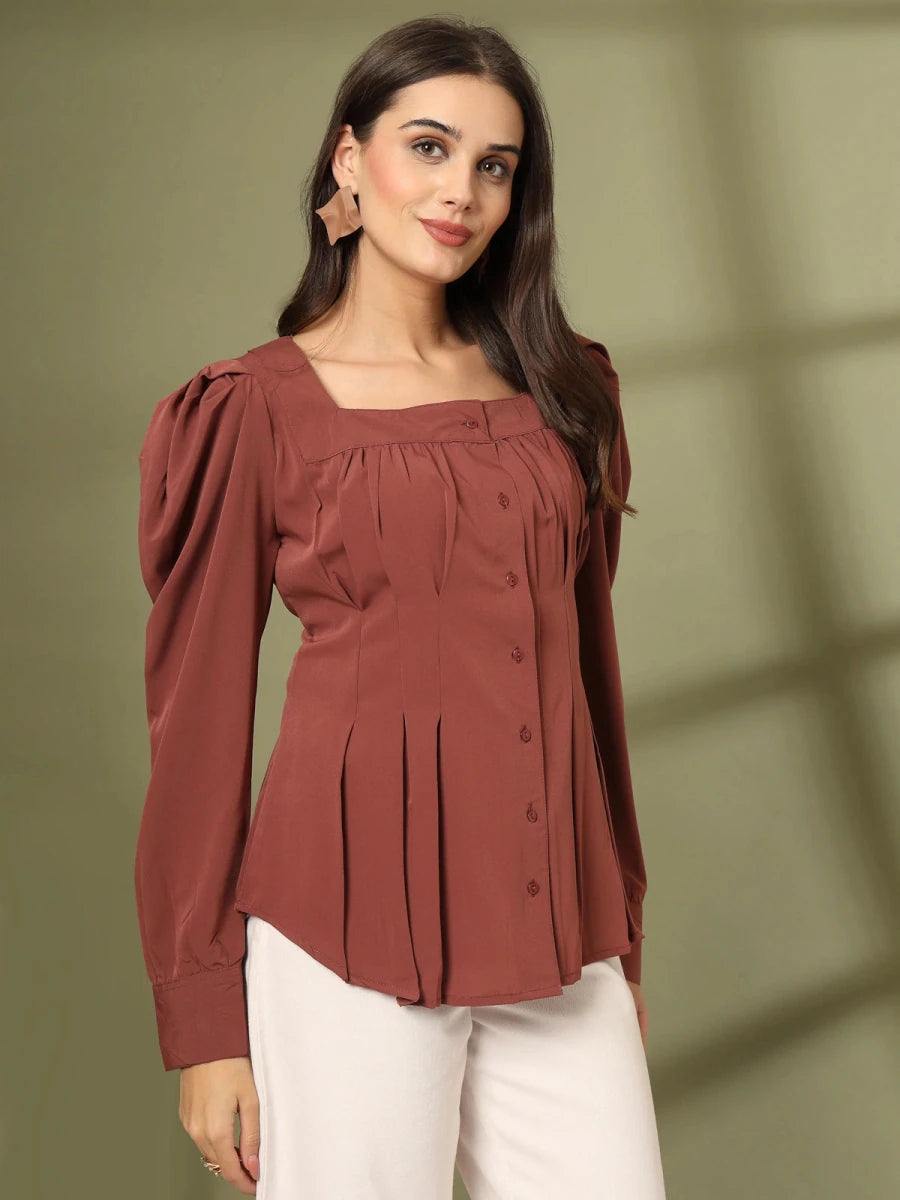 Women Collarless Solid Full Sleeves Buttoned Top