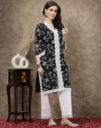 Black Ethnic Motifs Printed Thread Work Cotton Straight Kurta