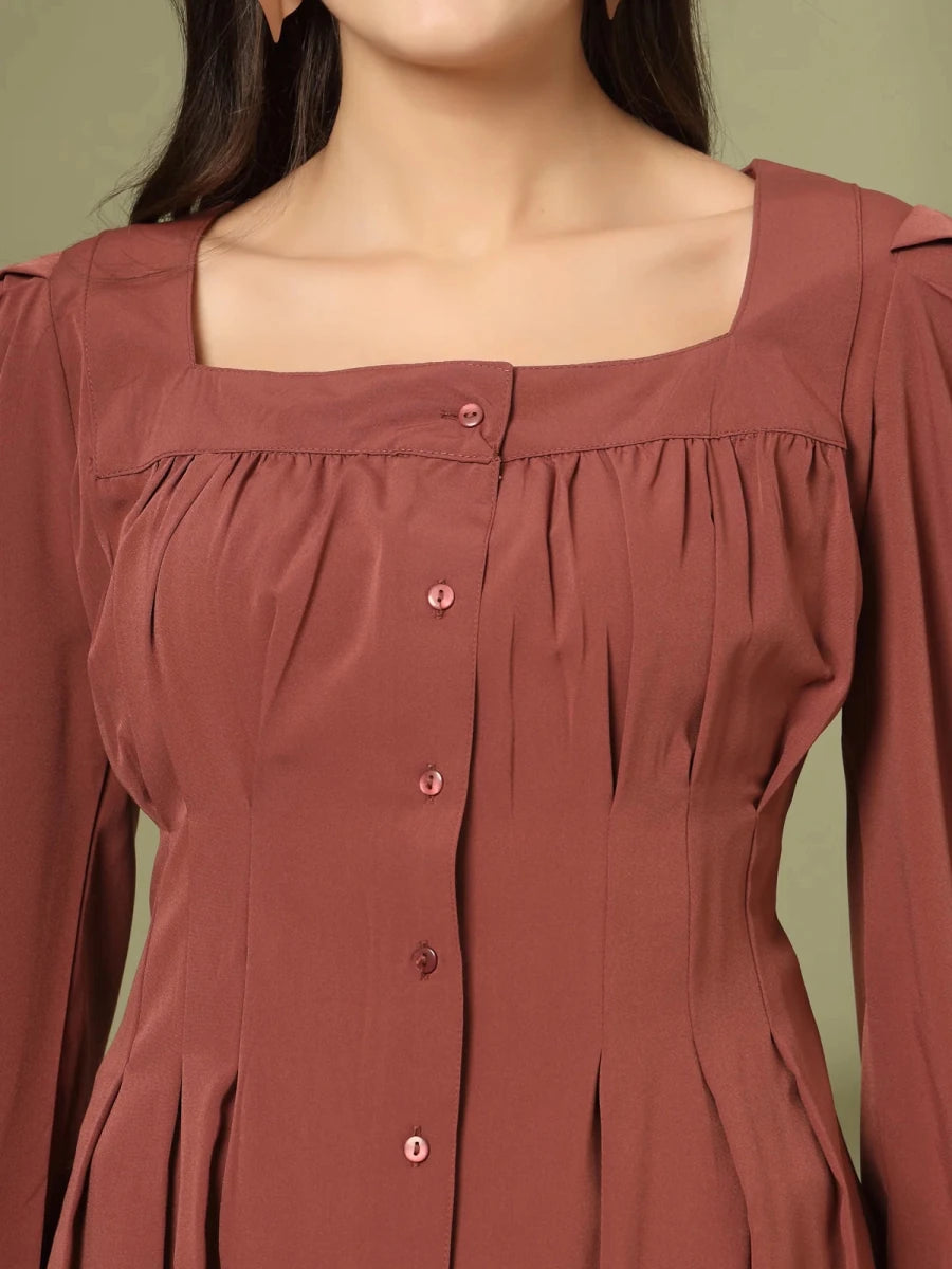 Women Collarless Solid Full Sleeves Buttoned Top