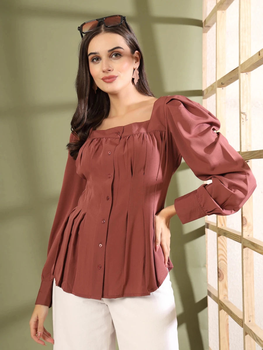 Women Collarless Solid Full Sleeves Buttoned Top