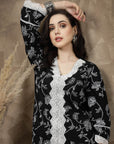 Black Ethnic Motifs Printed Thread Work Cotton Straight Kurta