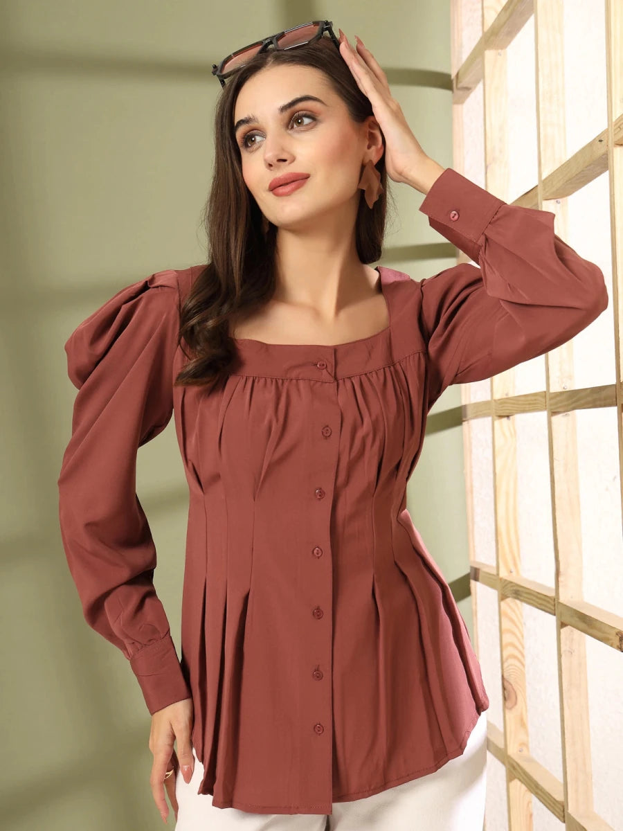 Women Collarless Solid Full Sleeves Buttoned Top