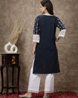 Navy Blue & White Ethnic Motifs Printed Pure Cotton Straight Kurtavvvv