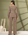 Brown Solid V-Neck Top With Trouser Co-Ords