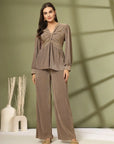 Brown Solid V-Neck Top With Trouser Co-Ords