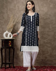 Navy Blue & White Ethnic Motifs Printed Pure Cotton Straight Kurtavvvv