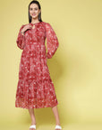 Maroon Floral Printed Keyhole Neck Puff Sleeve Tiered Fit  Flare Midi Dress