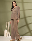 Brown Solid V-Neck Top With Trouser Co-Ords