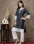 Navy Blue & White Ethnic Motifs Printed Pure Cotton Straight Kurtavvvv