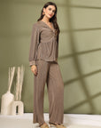 Brown Solid V-Neck Top With Trouser Co-Ords