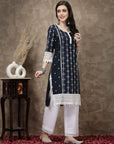 Navy Blue & White Ethnic Motifs Printed Pure Cotton Straight Kurtavvvv