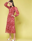 Maroon Floral Printed Keyhole Neck Puff Sleeve Tiered Fit  Flare Midi Dress