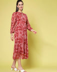 Maroon Floral Printed Keyhole Neck Puff Sleeve Tiered Fit  Flare Midi Dress