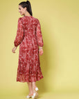 Maroon Floral Printed Keyhole Neck Puff Sleeve Tiered Fit  Flare Midi Dress