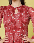 Maroon Floral Printed Keyhole Neck Puff Sleeve Tiered Fit  Flare Midi Dress