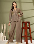 Brown Solid V-Neck Top With Trouser Co-Ords
