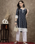 Navy Blue & White Ethnic Motifs Printed Pure Cotton Straight Kurtavvvv