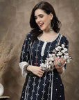 Navy Blue & White Ethnic Motifs Printed Pure Cotton Straight Kurtavvvv