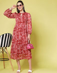 Maroon Floral Printed Keyhole Neck Puff Sleeve Tiered Fit  Flare Midi Dress