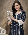 Navy Blue & White Ethnic Motifs Printed Pure Cotton Straight Kurtavvvv