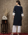 Ethnic Motifs Printed V-Neck Lace Detail Cotton Kurta