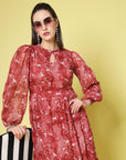 Maroon Floral Printed Keyhole Neck Puff Sleeve Tiered Fit  Flare Midi Dress