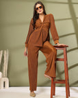 Solid Brown V-Neck Top With Trouser Co-Ords