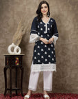 Ethnic Motifs Printed V-Neck Lace Detail Cotton Kurta