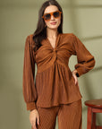 Solid Brown V-Neck Top With Trouser Co-Ords