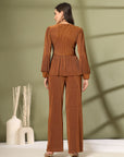 Solid Brown V-Neck Top With Trouser Co-Ords