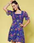 Blue Floral Printed Square Neck Puff Sleeves Gathered A-Line Dress