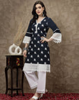 Ethnic Motifs Printed V-Neck Lace Detail Cotton Kurta