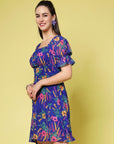 Blue Floral Printed Square Neck Puff Sleeves Gathered A-Line Dress