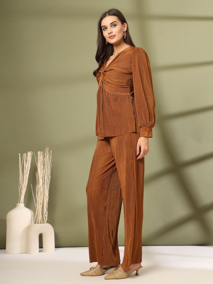Solid Brown V-Neck Top With Trouser Co-Ords