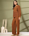 Solid Brown V-Neck Top With Trouser Co-Ords