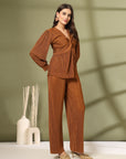 Solid Brown V-Neck Top With Trouser Co-Ords