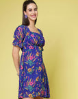 Blue Floral Printed Square Neck Puff Sleeves Gathered A-Line Dress
