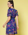 Blue Floral Printed Square Neck Puff Sleeves Gathered A-Line Dress