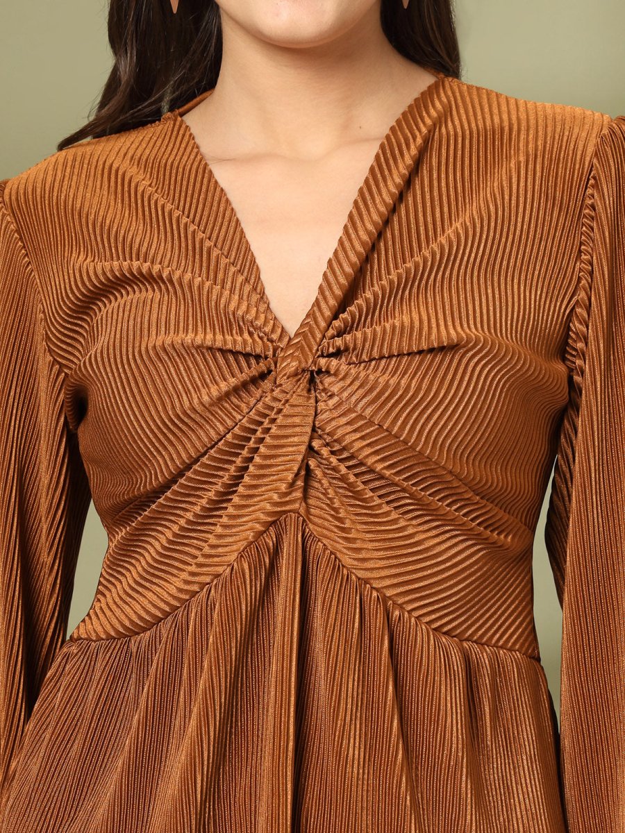 Solid Brown V-Neck Top With Trouser Co-Ords