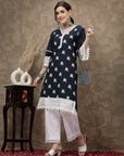 Ethnic Motifs Printed V-Neck Lace Detail Cotton Kurta