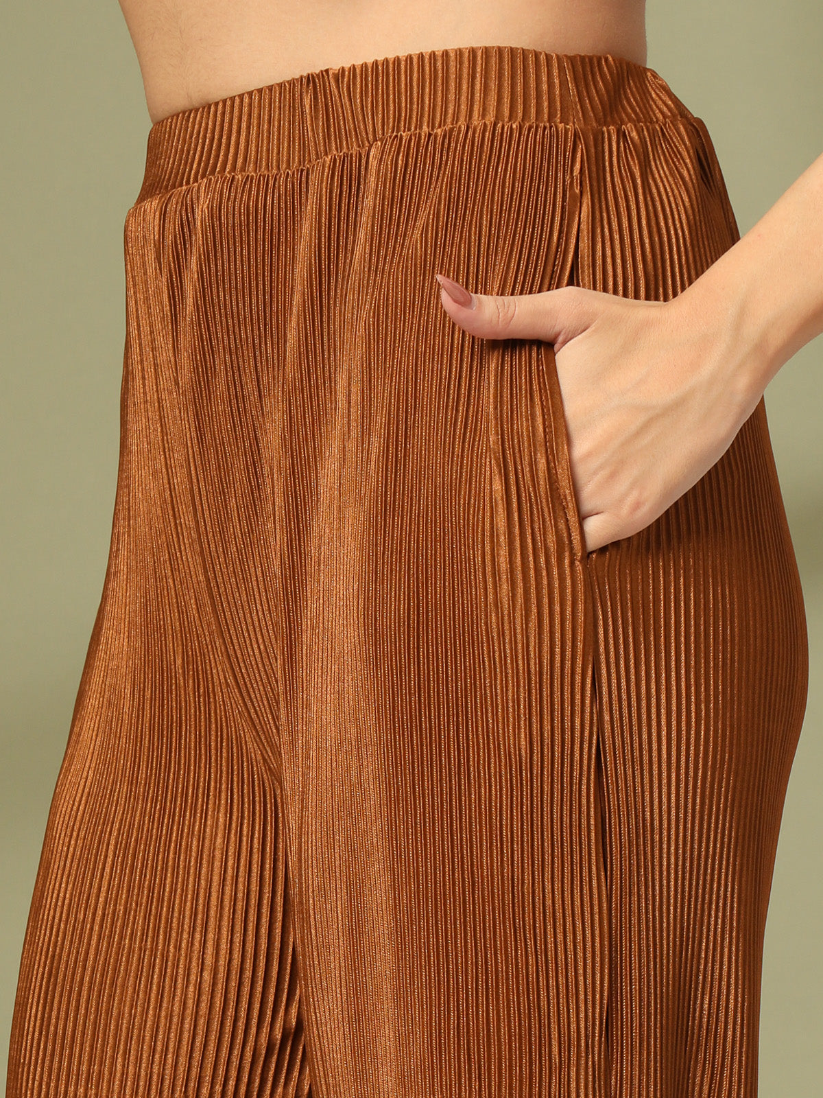 Solid Brown V-Neck Top With Trouser Co-Ords