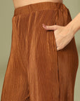 Solid Brown V-Neck Top With Trouser Co-Ords