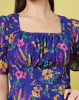 Blue Floral Printed Square Neck Puff Sleeves Gathered A-Line Dress