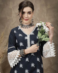 Ethnic Motifs Printed V-Neck Lace Detail Cotton Kurta