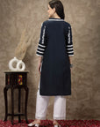 Navy Blue Floral Printed Thread Work Cotton Straight Kurta