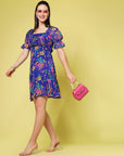 Blue Floral Printed Square Neck Puff Sleeves Gathered A-Line Dress
