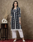 Navy Blue Floral Printed Thread Work Cotton Straight Kurta