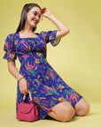Blue Floral Printed Square Neck Puff Sleeves Gathered A-Line Dress