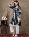 Navy Blue Floral Printed Thread Work Cotton Straight Kurta